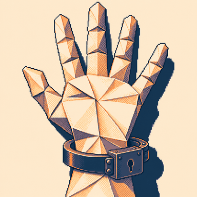 A folded paper hand held in a steel cuff